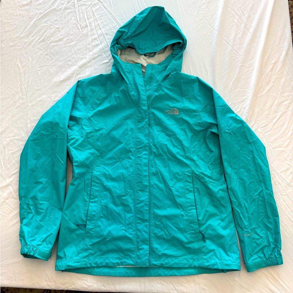North Face Aqua Color Womens Waterproof Hooded Rain Jacket - Medium